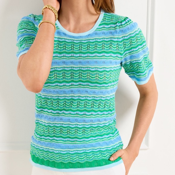 Talbots Tops - Talbots Open Flame Stitch Green Blue Striped Knit Short Sleeve Top